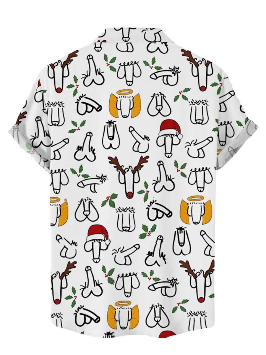 Men DJ Shirts | Cartoon Christmas Cocks Toy Print Casual Short Sleeve Shirt White