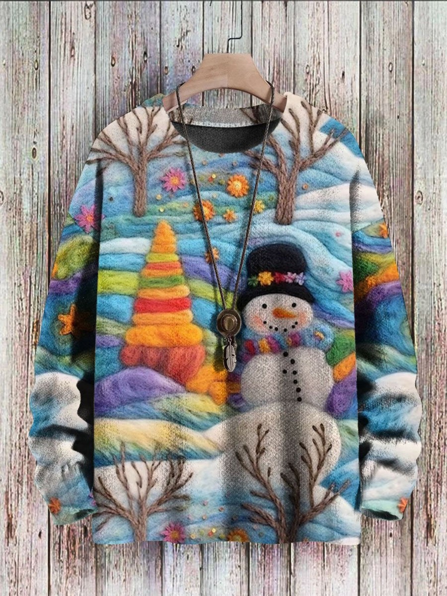 Men DJ Print Sweater | Unisex Winter Snowman Print Casual Round Neck Knitted Sweater Photo Color