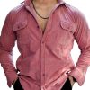 Men QMY Casual Shirts | Casual Solid Color Corduroy Lapel Long Sleeve Shirt Peach