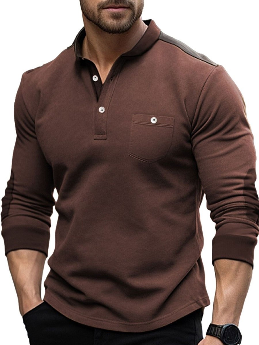 Men BXL Casual Shirts | Men'S Casual Patchwork Henley Collar Long Sleeve T-Shirt Red Brown