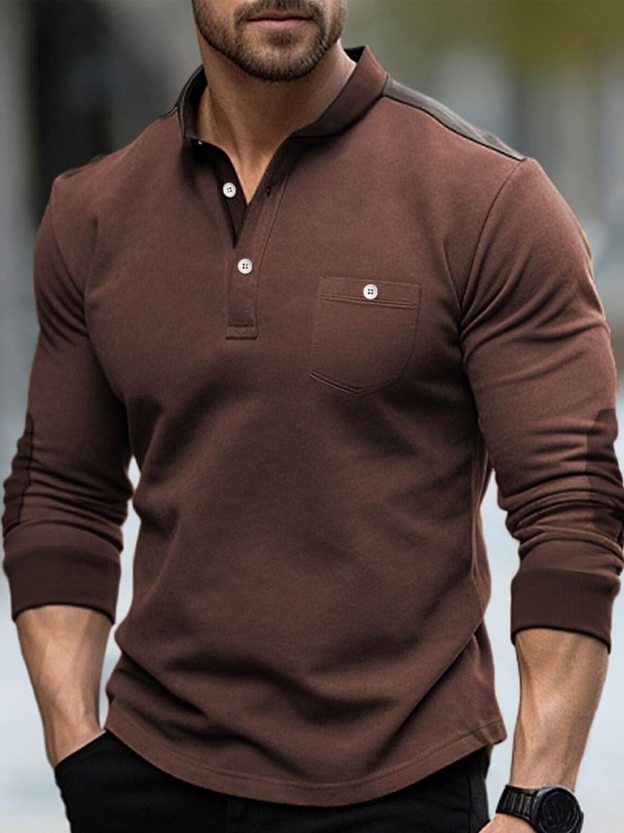 Men BXL Casual Shirts | Men'S Casual Patchwork Henley Collar Long Sleeve T-Shirt Red Brown