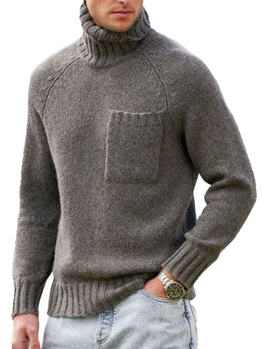 Men DJ Sweater | Solid Color Turtleneck Single Pocket Versatile Knitted Pullover Sweater Gray