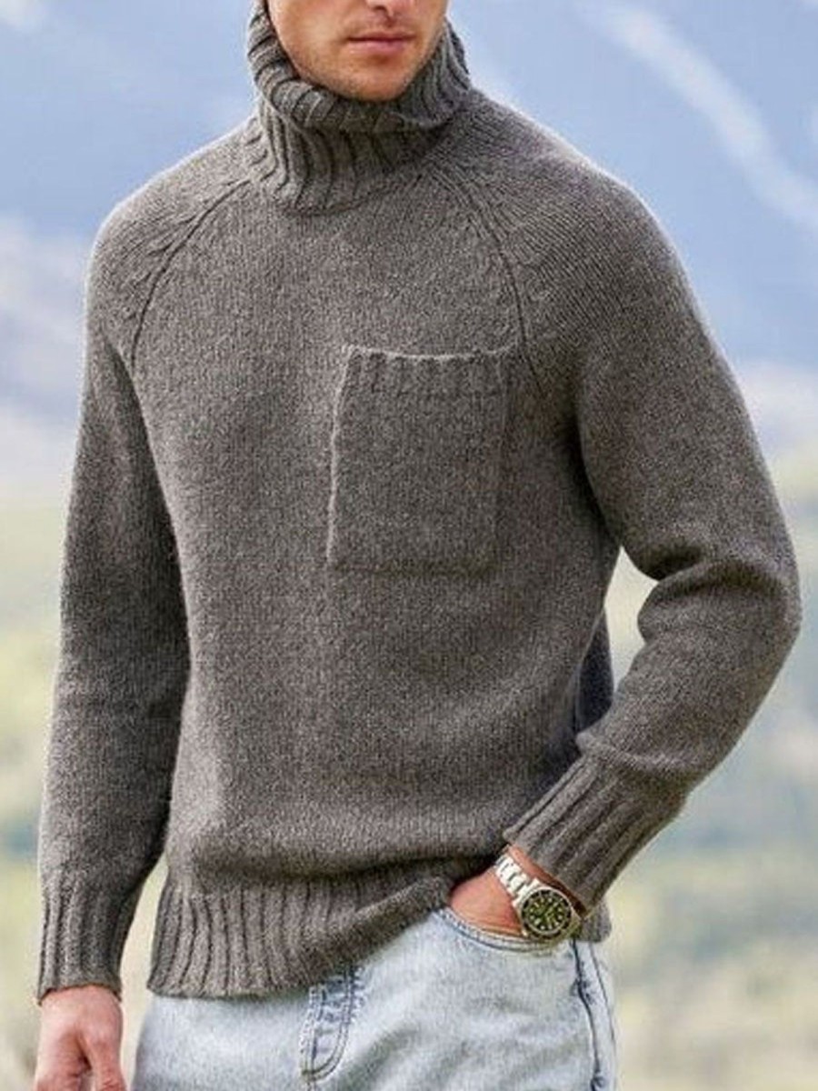 Men DJ Sweater | Solid Color Turtleneck Single Pocket Versatile Knitted Pullover Sweater Gray