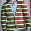 Men BXL Print Cardigan | Men'S Striped Christmas Green Monster Single Breasted Sweater Cardigan Photo Color