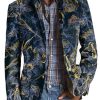 Men DJ Print Jacket | Retro Bird Print Three-Pocket Lapel Casual Blazer Navy Blue