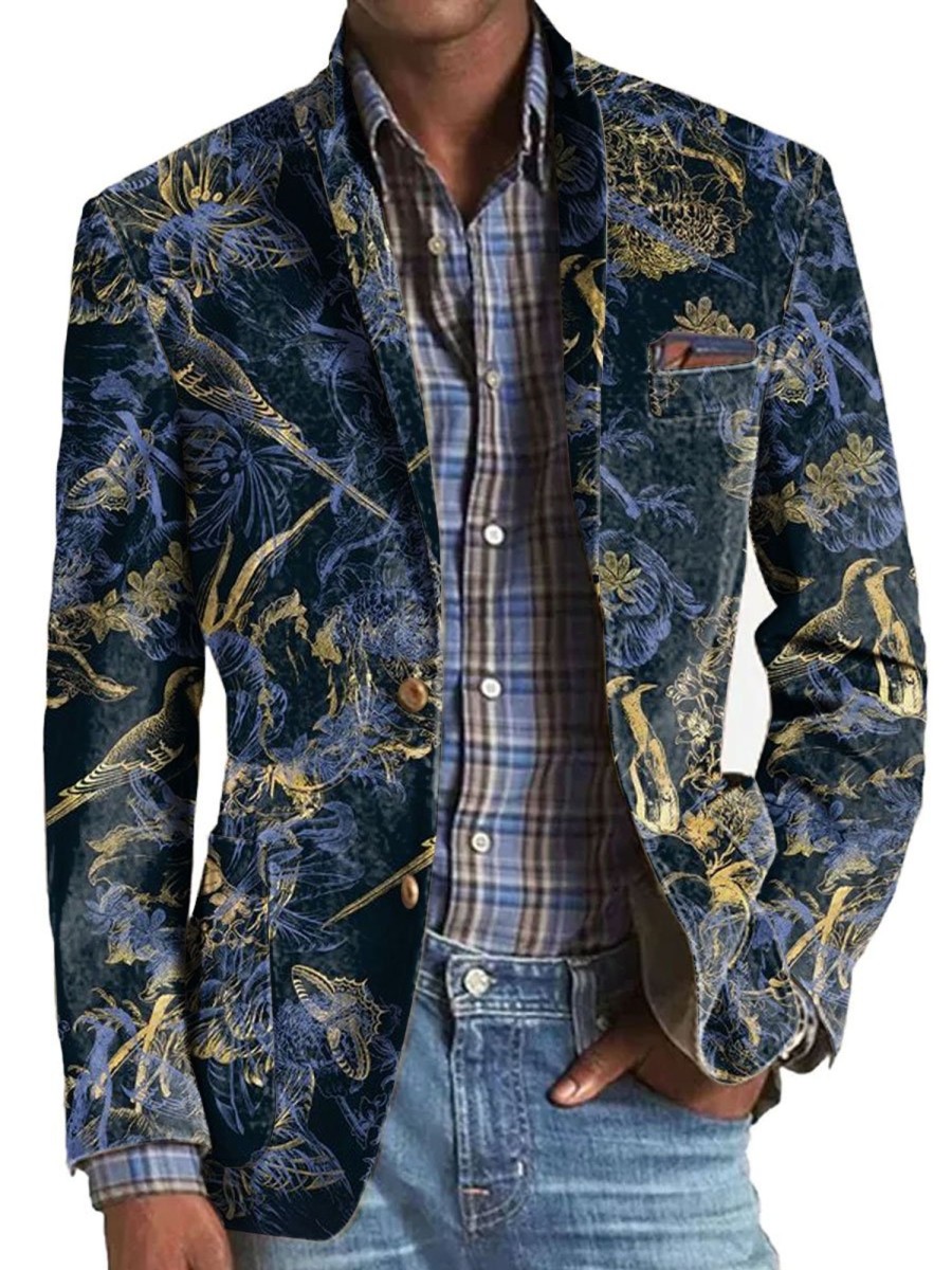 Men DJ Print Jacket | Retro Bird Print Three-Pocket Lapel Casual Blazer Navy Blue