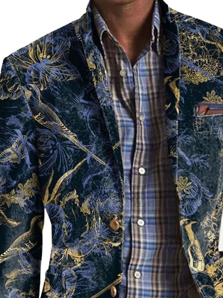 Men DJ Print Jacket | Retro Bird Print Three-Pocket Lapel Casual Blazer Navy Blue