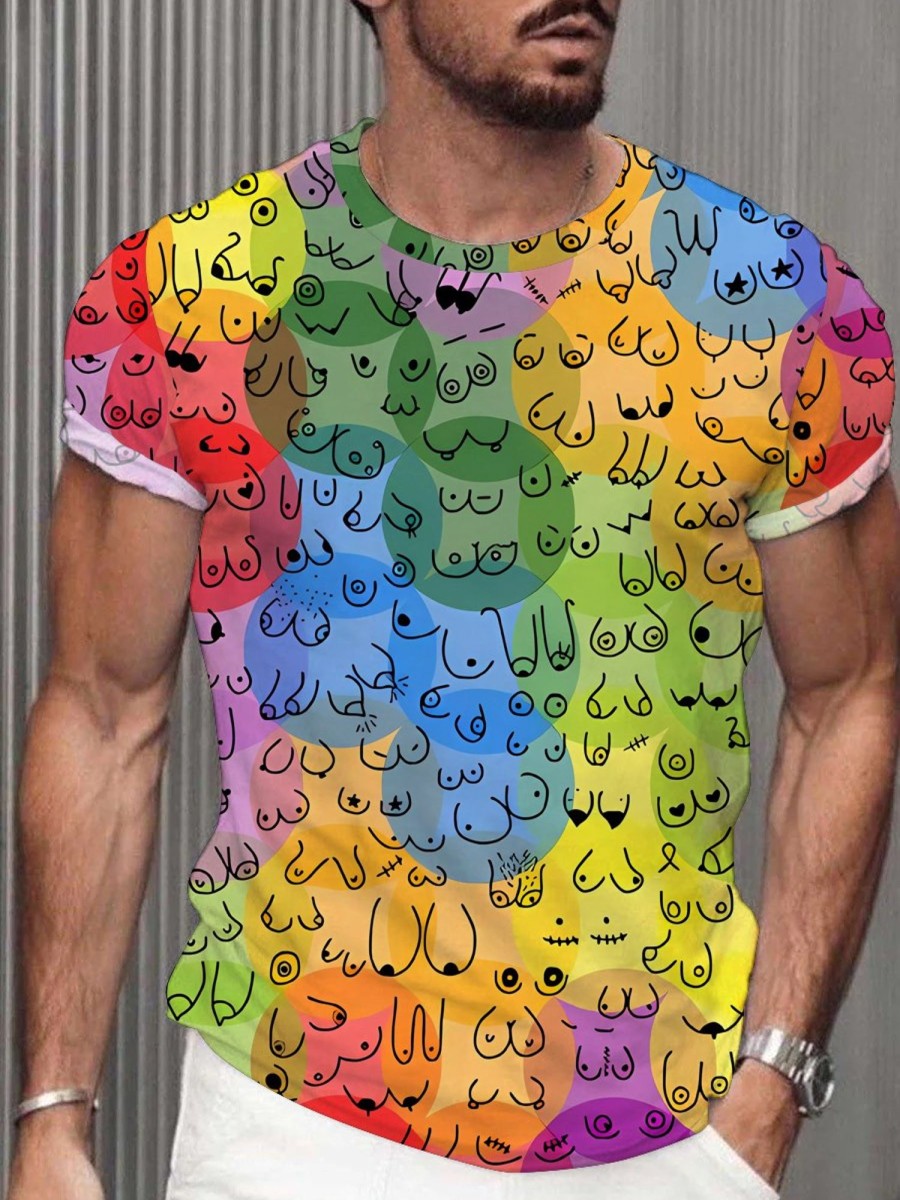 Men DJ T-Shirts | Rainbow Polka Dot Breast Print Round Neck Short-Sleeved T-Shirt Photo Color