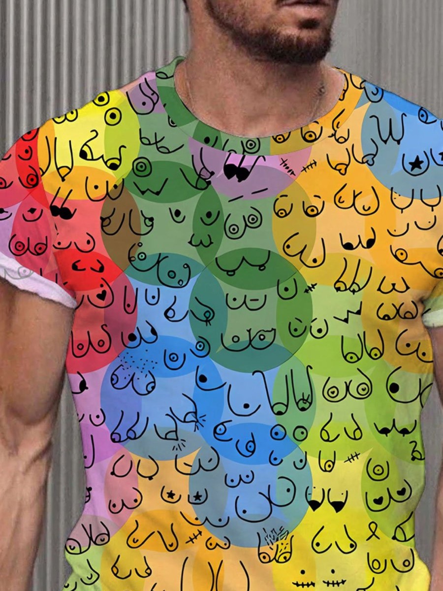 Men DJ T-Shirts | Rainbow Polka Dot Breast Print Round Neck Short-Sleeved T-Shirt Photo Color