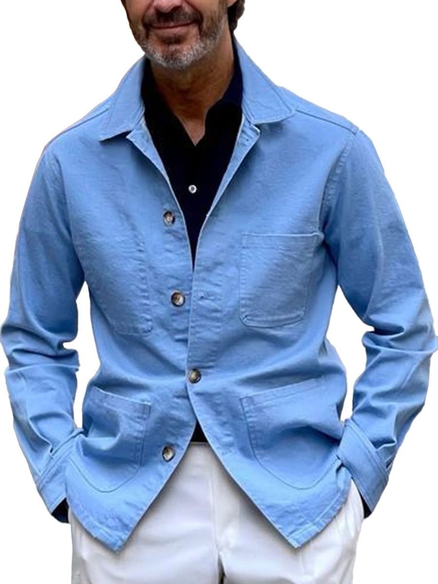 Men BXL Jacket | Men'S Solid Color Cotton Multi-Pocket Casual Jacket Blue