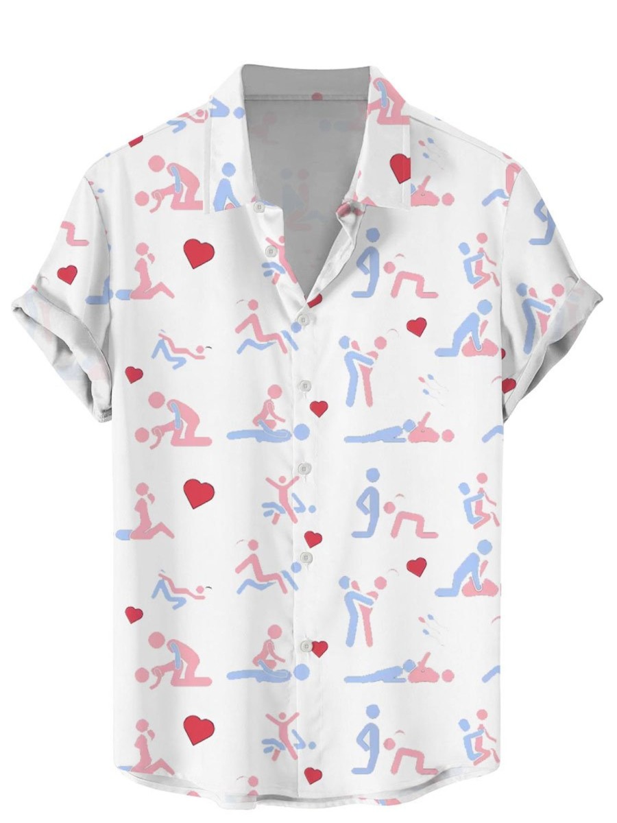 Men BXL Shirts | Fun Valentine'S Day Heart Print Casual Short Sleeve Shirt White