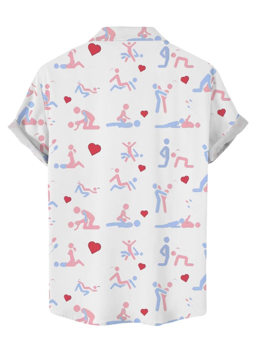 Men BXL Shirts | Fun Valentine'S Day Heart Print Casual Short Sleeve Shirt White