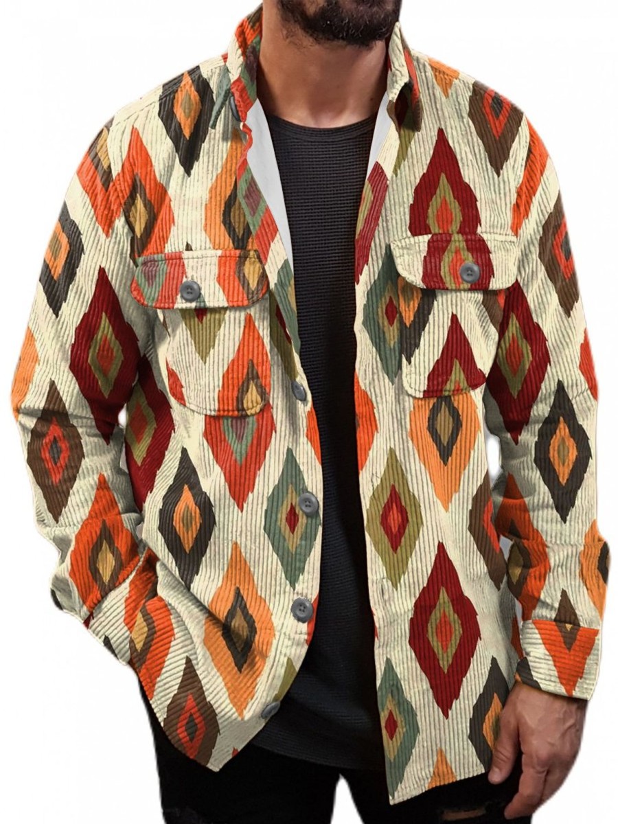 Men DJ Jacket | Vintage Ethnic Print Pocket Corduroy Jacket Photo Color