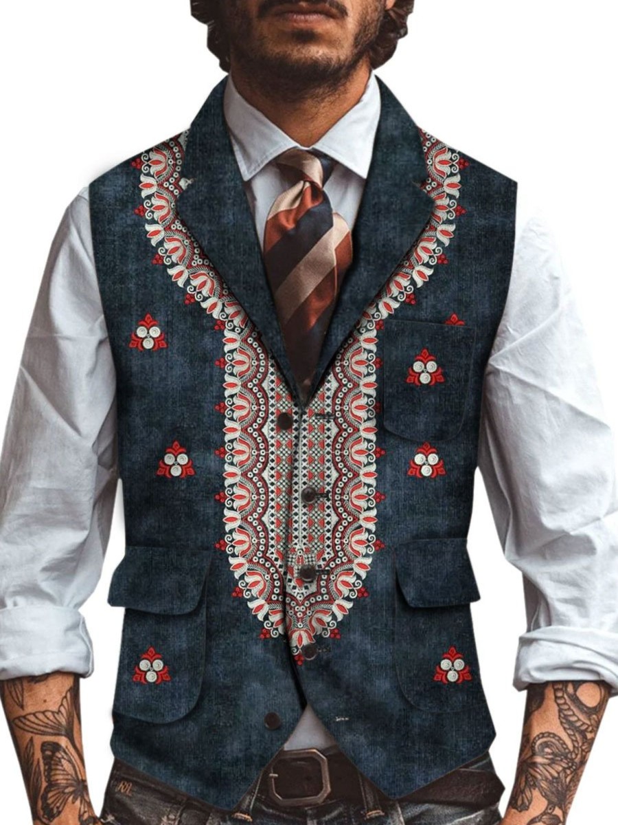 Men DJ Vest | Mexican Pattern Three-Pocket Lapel Casual Vest Navy Blue