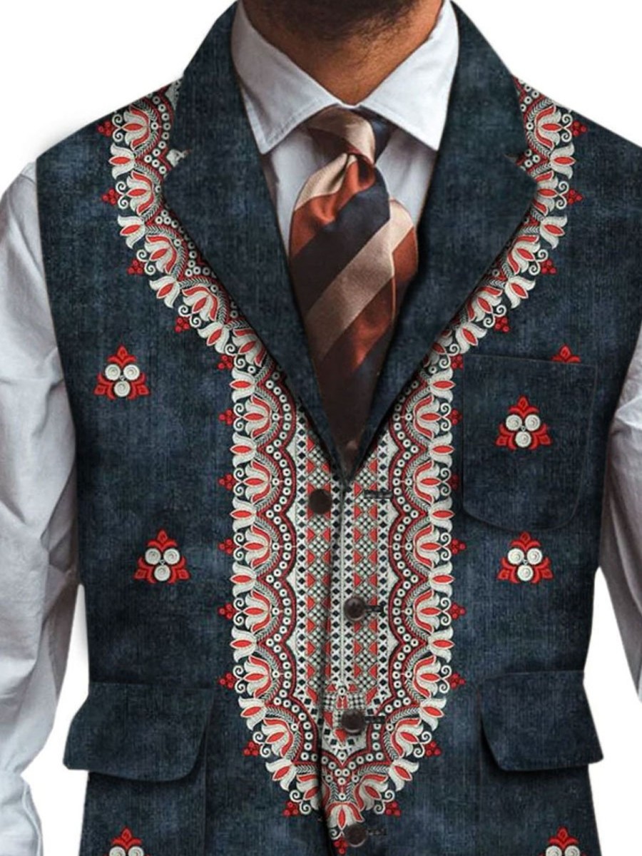 Men DJ Vest | Mexican Pattern Three-Pocket Lapel Casual Vest Navy Blue