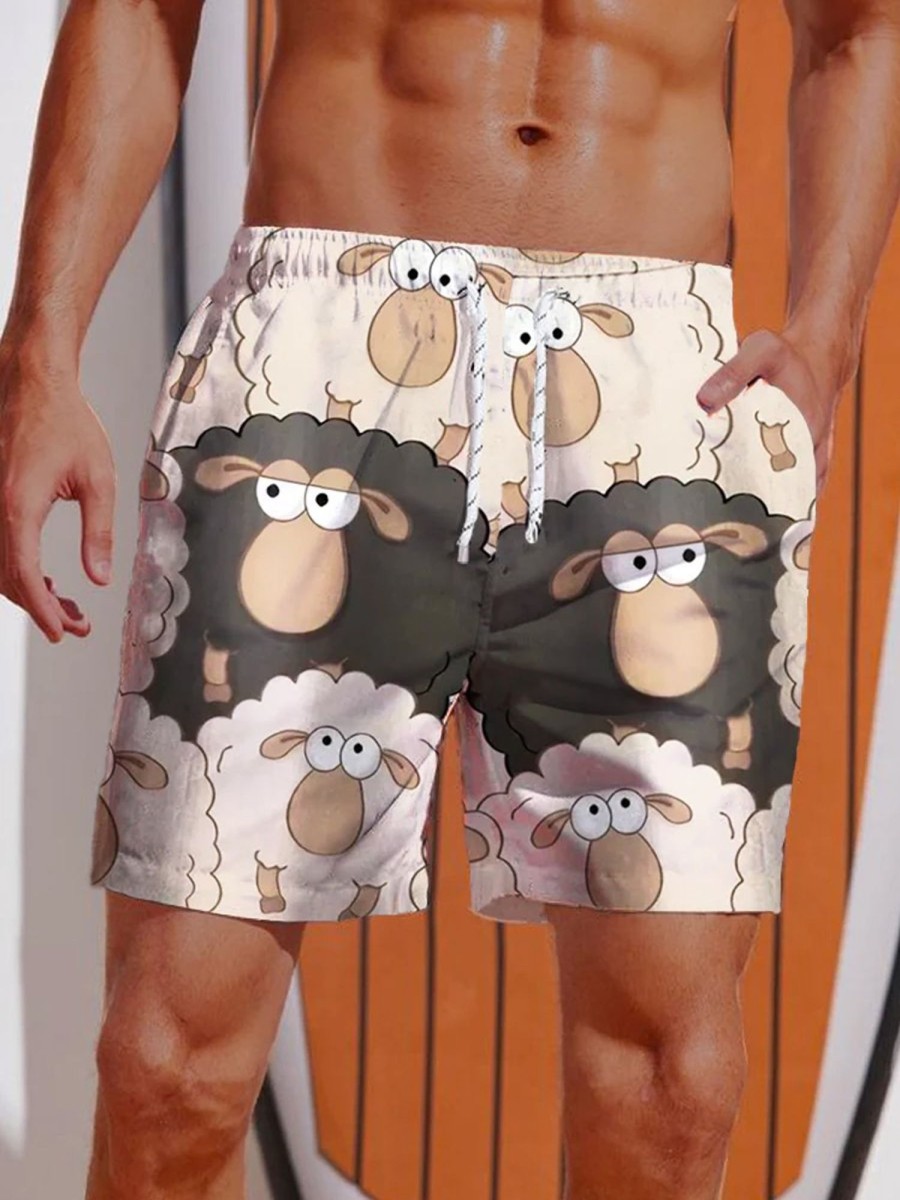 Men DJ Shorts | Cartoon Style Flock Of Sheep And Black Sheep Printing Shorts Photo Color