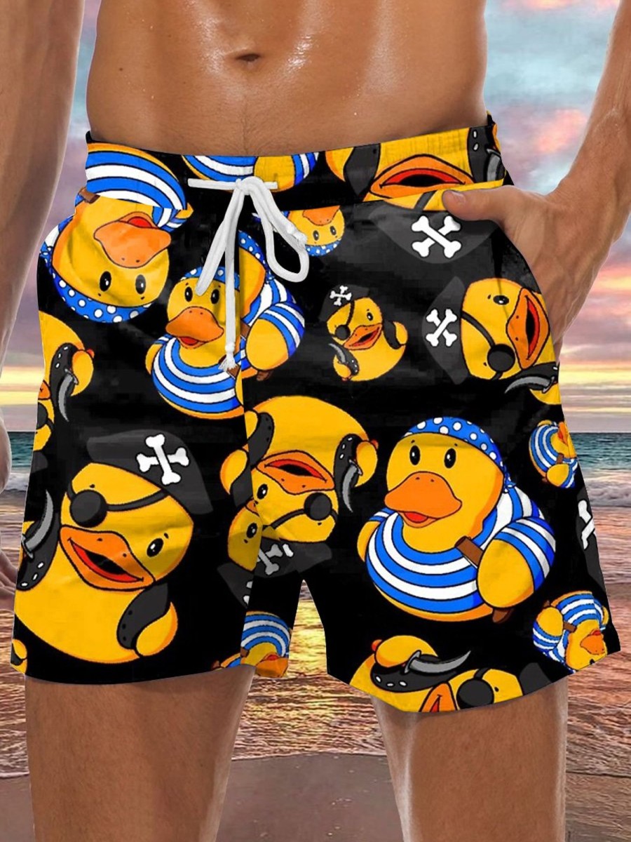 Men DJ Shorts | Cute Cartoon Pirate Duck Print Pocket Shorts Black