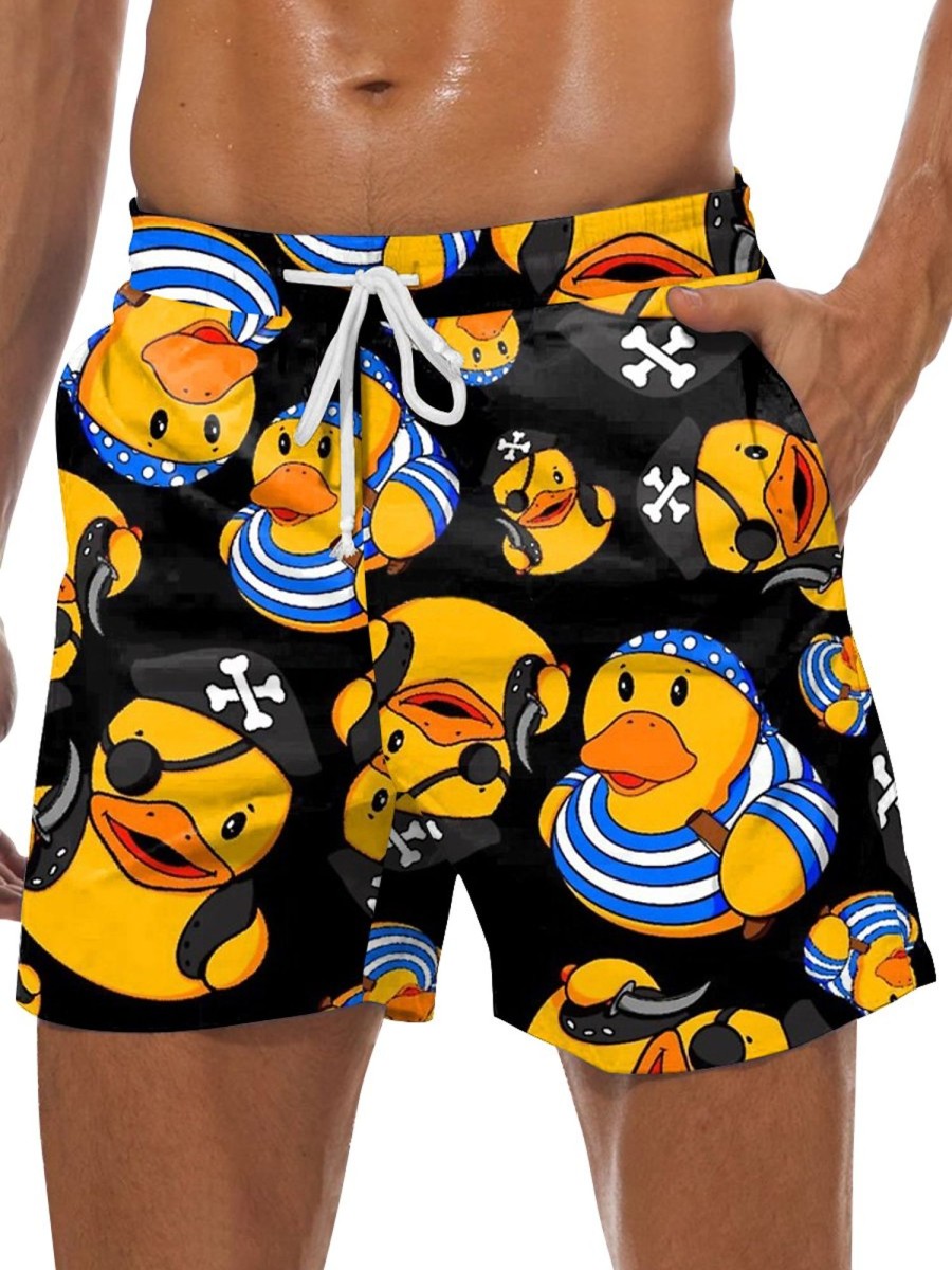 Men DJ Shorts | Cute Cartoon Pirate Duck Print Pocket Shorts Black