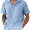 Men QMY Casual Short Sleeve Shirts | Men'S Casual Striped Lapel Short Sleeve Shirt Blue