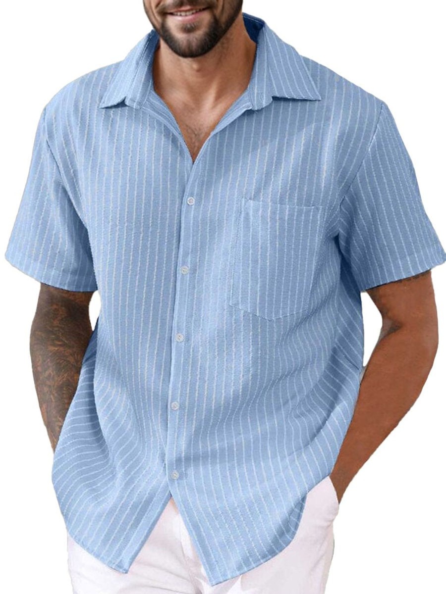 Men QMY Casual Short Sleeve Shirts | Men'S Casual Striped Lapel Short Sleeve Shirt Blue