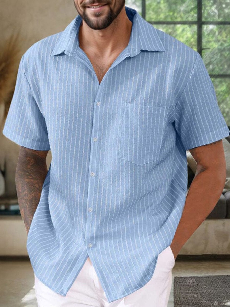 Men QMY Casual Short Sleeve Shirts | Men'S Casual Striped Lapel Short Sleeve Shirt Blue