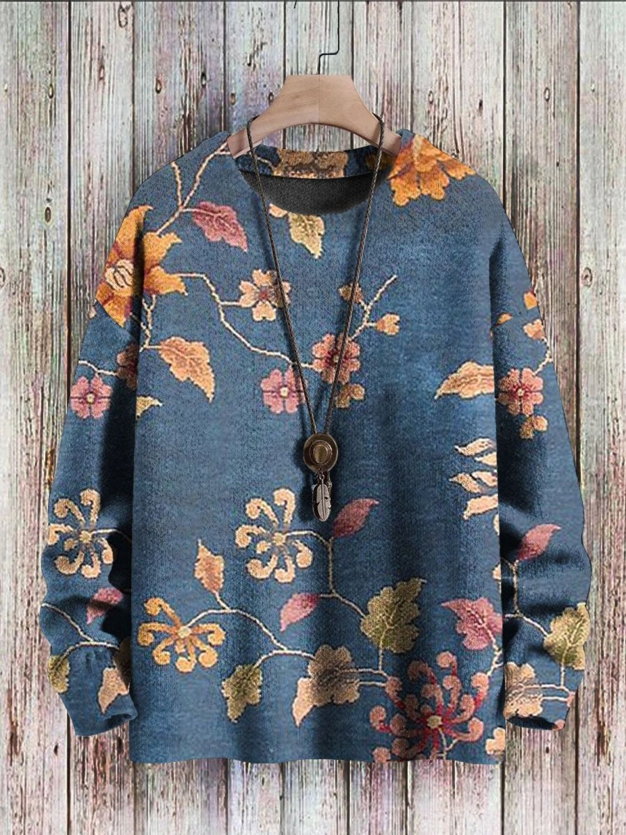 Men DJ Print Sweater | Vintage Floral Print Casual Knitted Crew Neck Pullover Sweater Navy