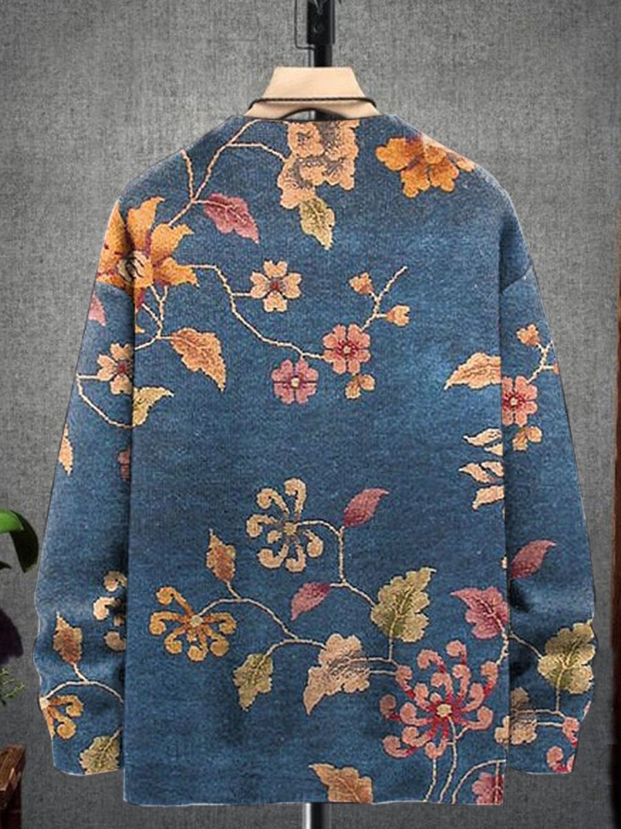 Men DJ Print Sweater | Vintage Floral Print Casual Knitted Crew Neck Pullover Sweater Navy