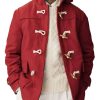 Men DJ Jacket | Solid Color Double Pocket Single Row Horn Button Hooded Jacket Red