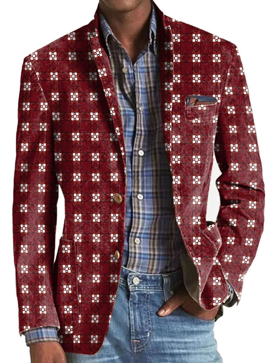 Men BXL Print Jacket | Men'S Retro Geometric Print Casual Pocket Blazer Wine Red