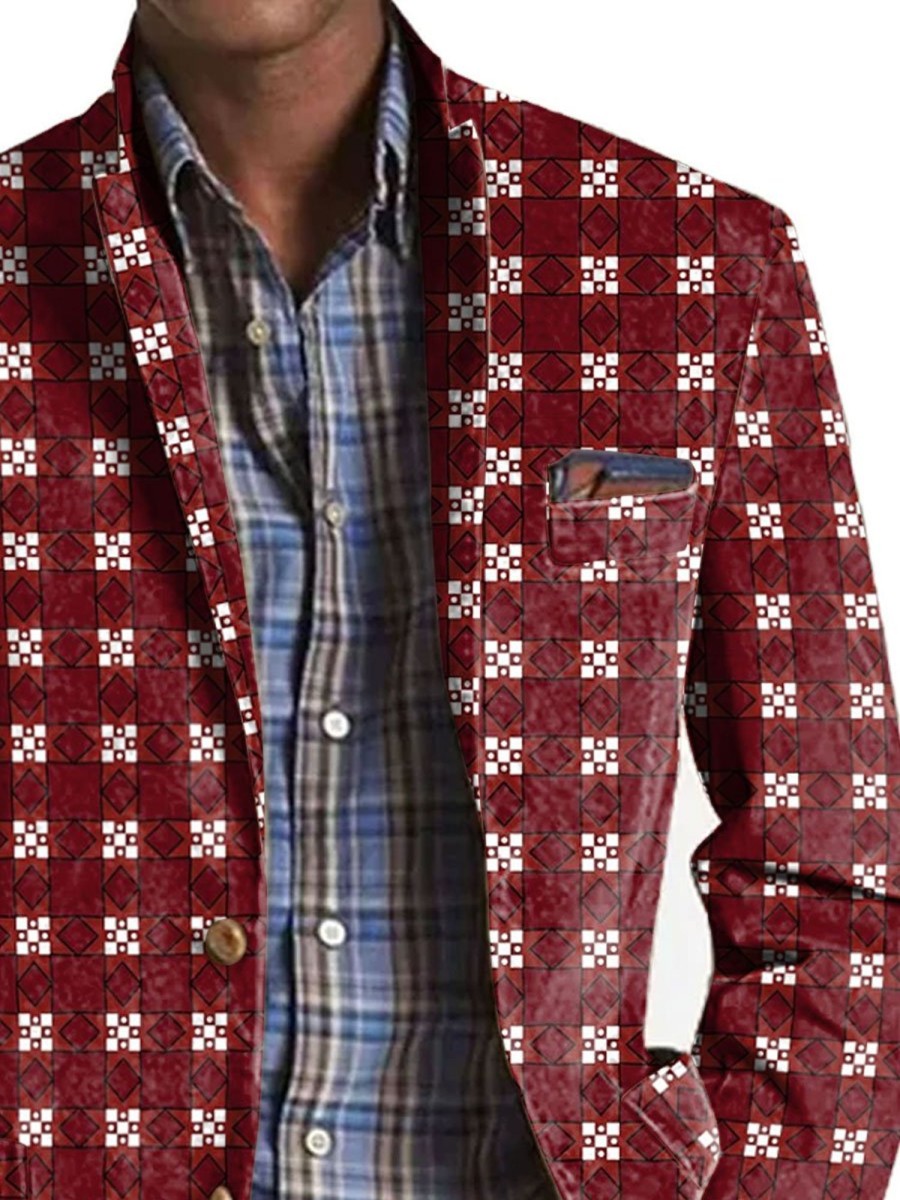 Men BXL Print Jacket | Men'S Retro Geometric Print Casual Pocket Blazer Wine Red