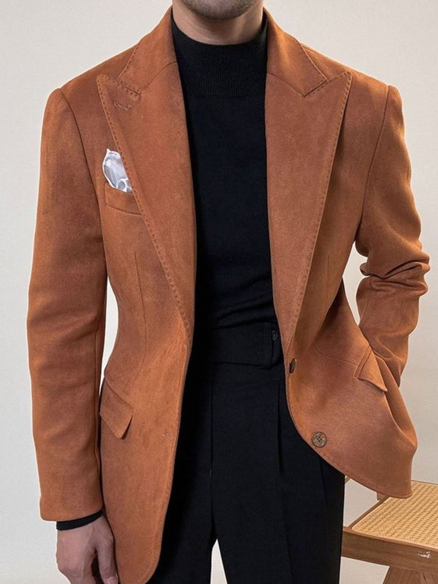 Men DJ Jacket | Solid Color Lapel Three Pocket Casual Retro Blazer Orange