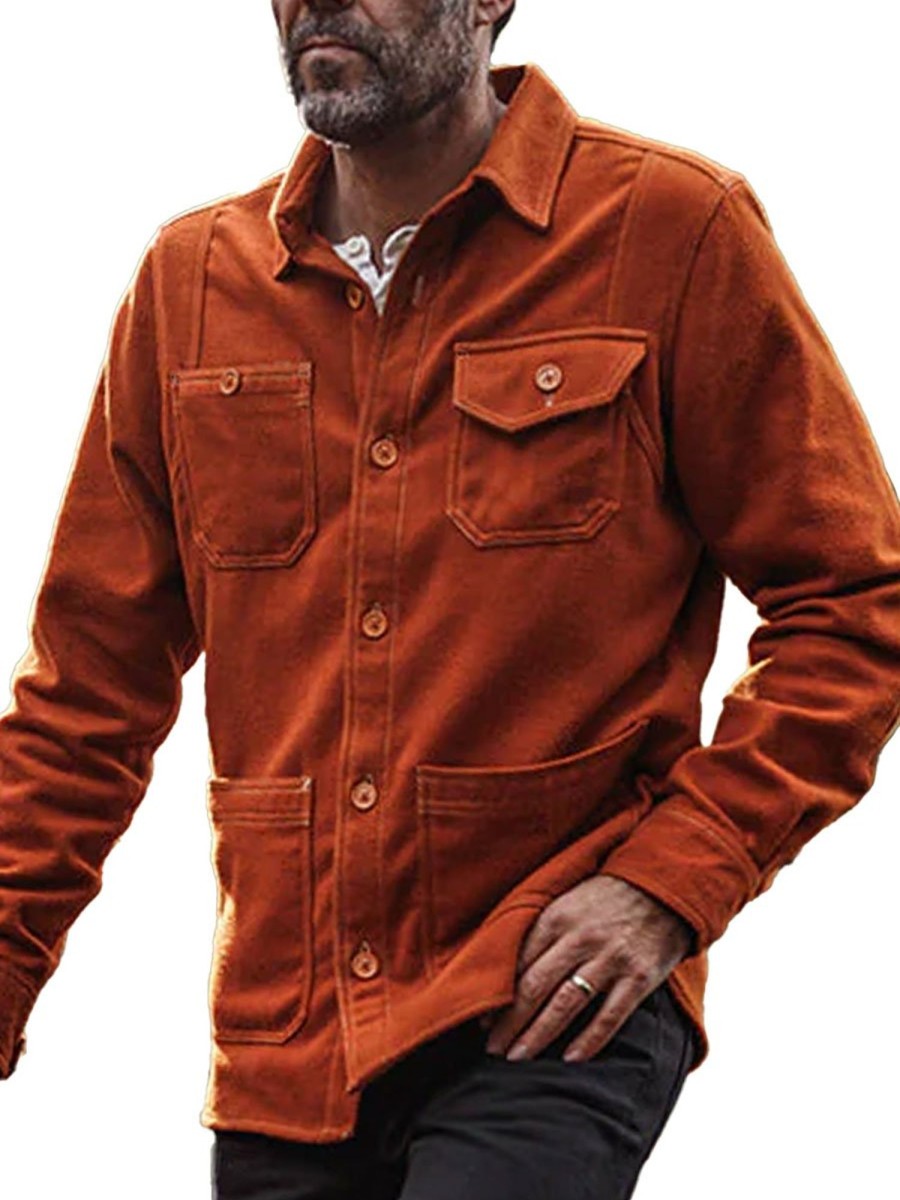 Men BXL Jacket | Retro Multi-Pocket Solid Color Woolen Shirt Style Casual Jacket Orange