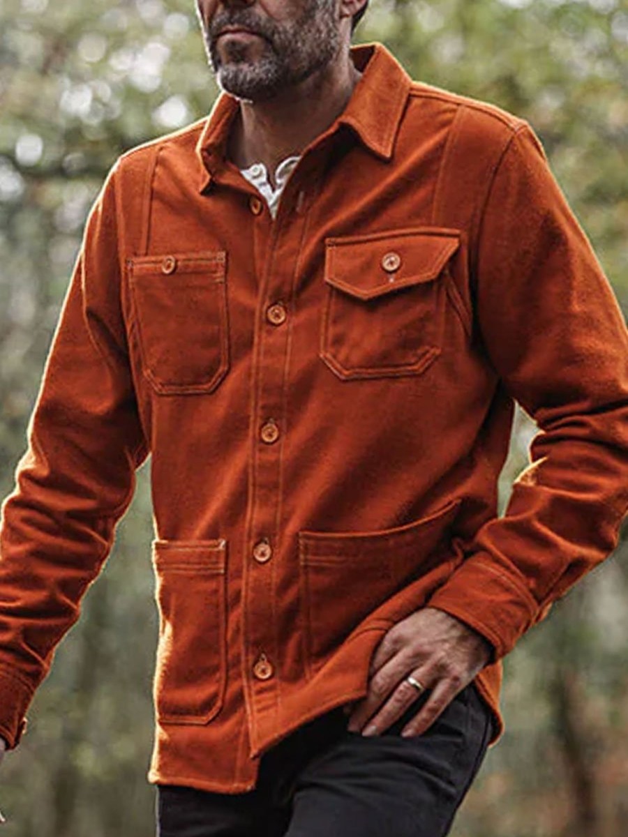 Men BXL Jacket | Retro Multi-Pocket Solid Color Woolen Shirt Style Casual Jacket Orange