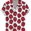 Men DJ Shirts | Fun Strawberry Breast Print Hawaiian Short Sleeve Shirt Red