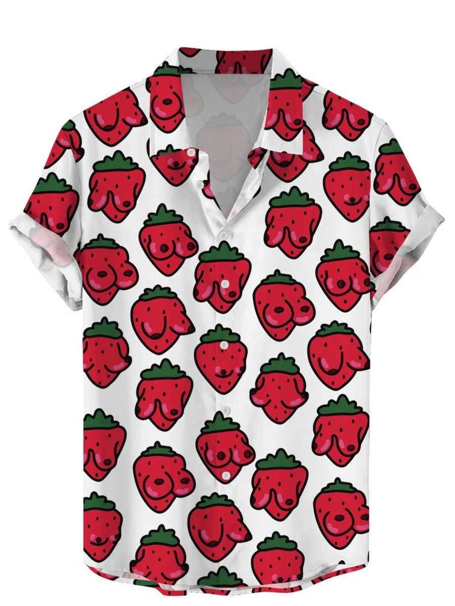 Men DJ Shirts | Fun Strawberry Breast Print Hawaiian Short Sleeve Shirt Red