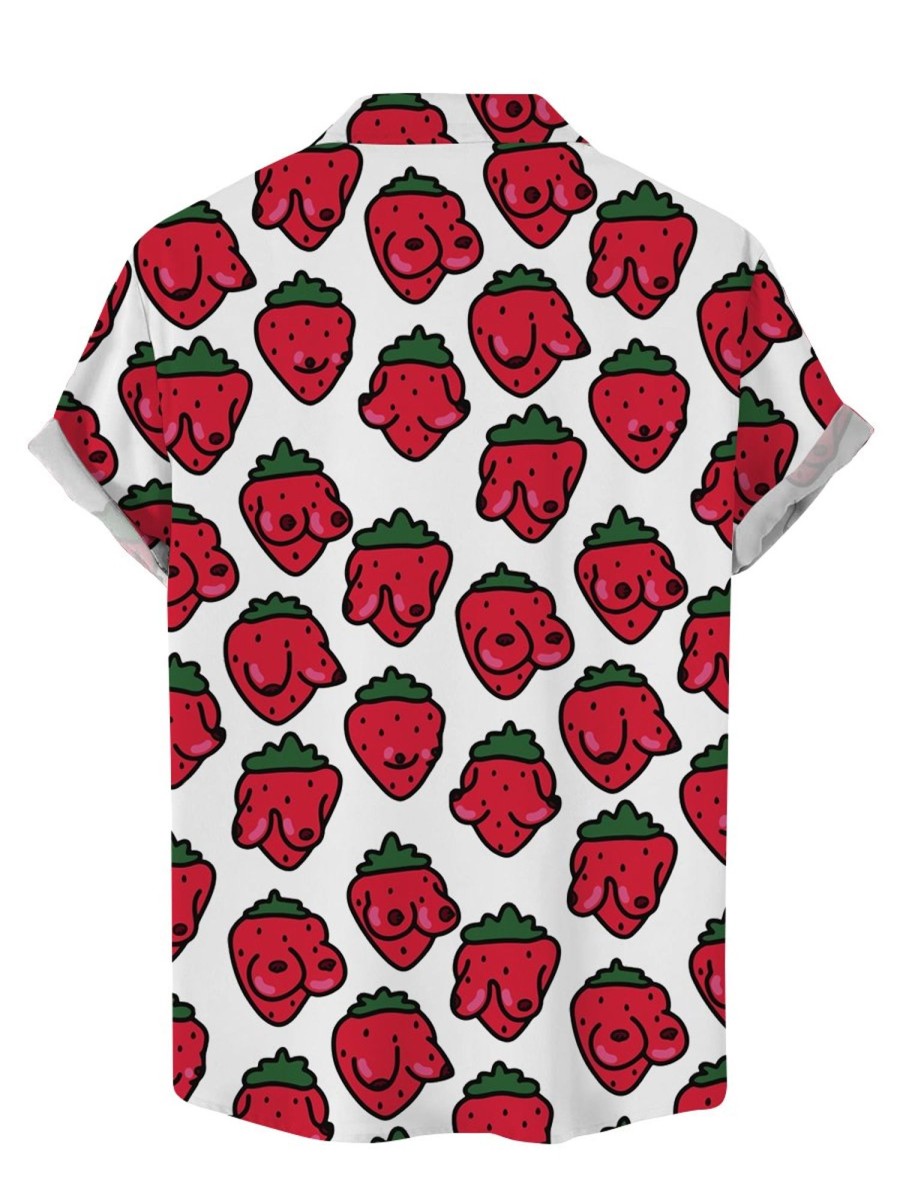 Men DJ Shirts | Fun Strawberry Breast Print Hawaiian Short Sleeve Shirt Red