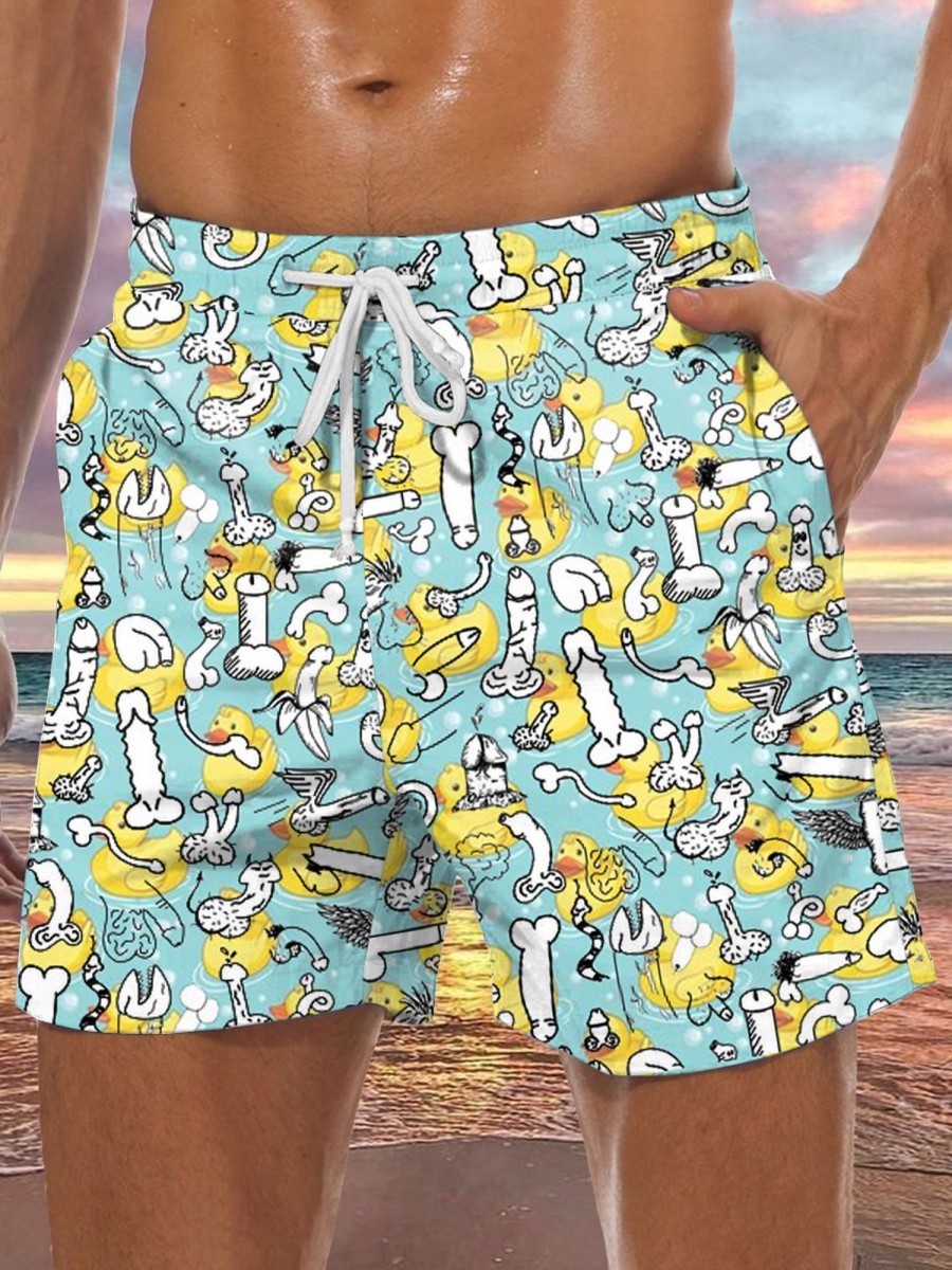 Men DJ Bottoms | Cartoon Duck And Cocks Print Pocket Casual Shorts Blue