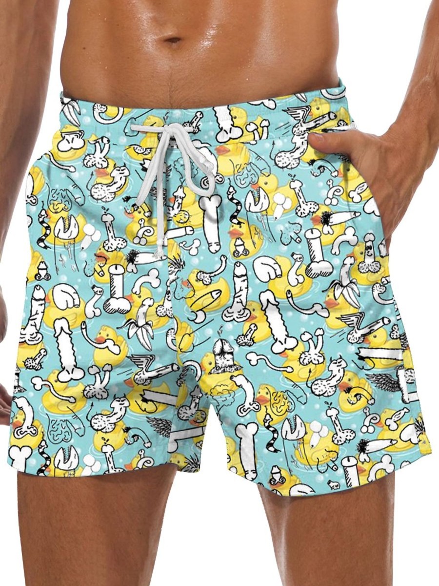 Men DJ Bottoms | Cartoon Duck And Cocks Print Pocket Casual Shorts Blue