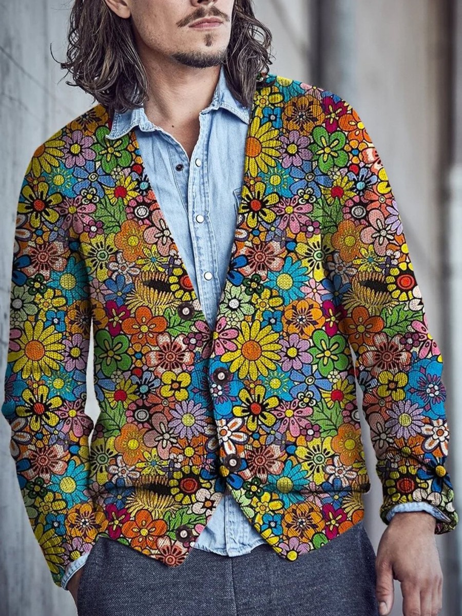 Men DJ Print Cardigan | Men'S Colorful Flowers Art Pattern Print Buttoned Cardigan Sweater