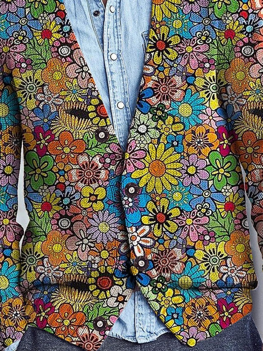 Men DJ Print Cardigan | Men'S Colorful Flowers Art Pattern Print Buttoned Cardigan Sweater