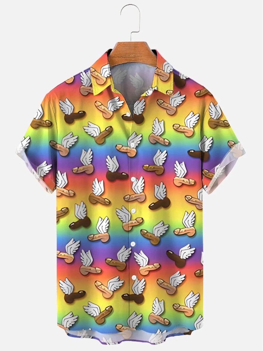 Men DJ Shirts | Men'S Lgbt Cock Pride Rainbow Wings Penis Funny Printing Shirt Photo Color