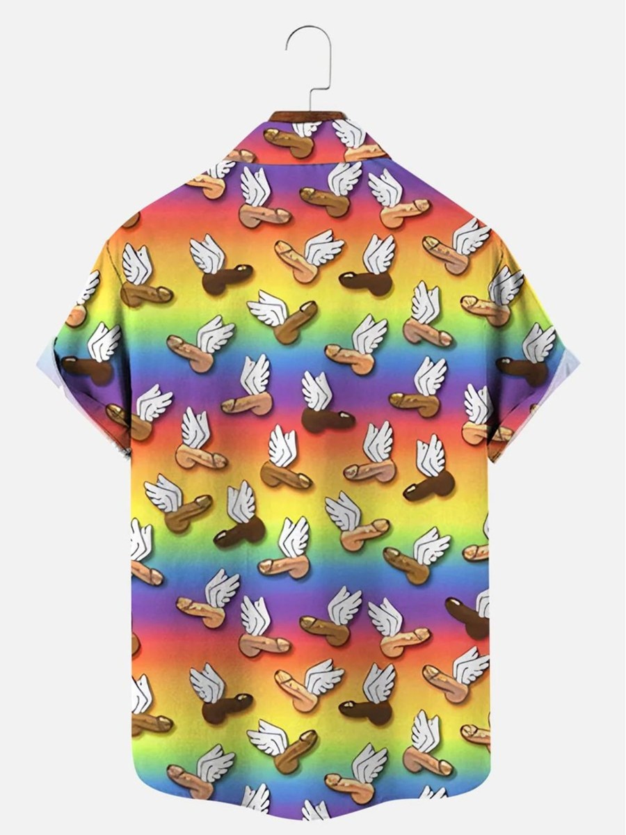 Men DJ Shirts | Men'S Lgbt Cock Pride Rainbow Wings Penis Funny Printing Shirt Photo Color