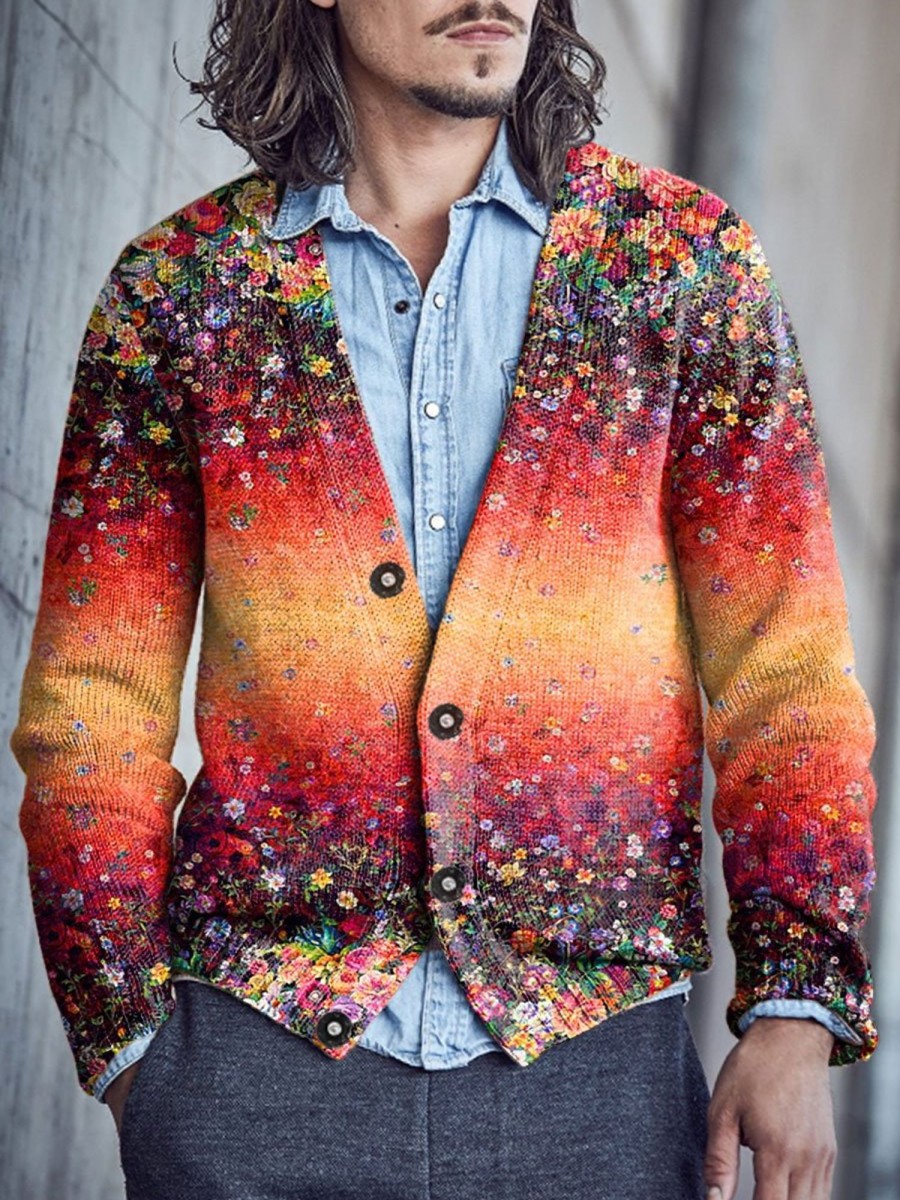 Men BXL Print Cardigan | Men'S Casual Gradient Floral Single-Breasted V-Neck Knitted Cardigan Photo Color