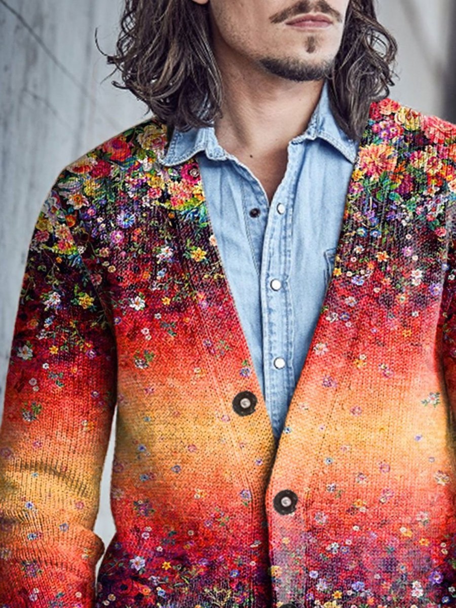 Men BXL Print Cardigan | Men'S Casual Gradient Floral Single-Breasted V-Neck Knitted Cardigan Photo Color