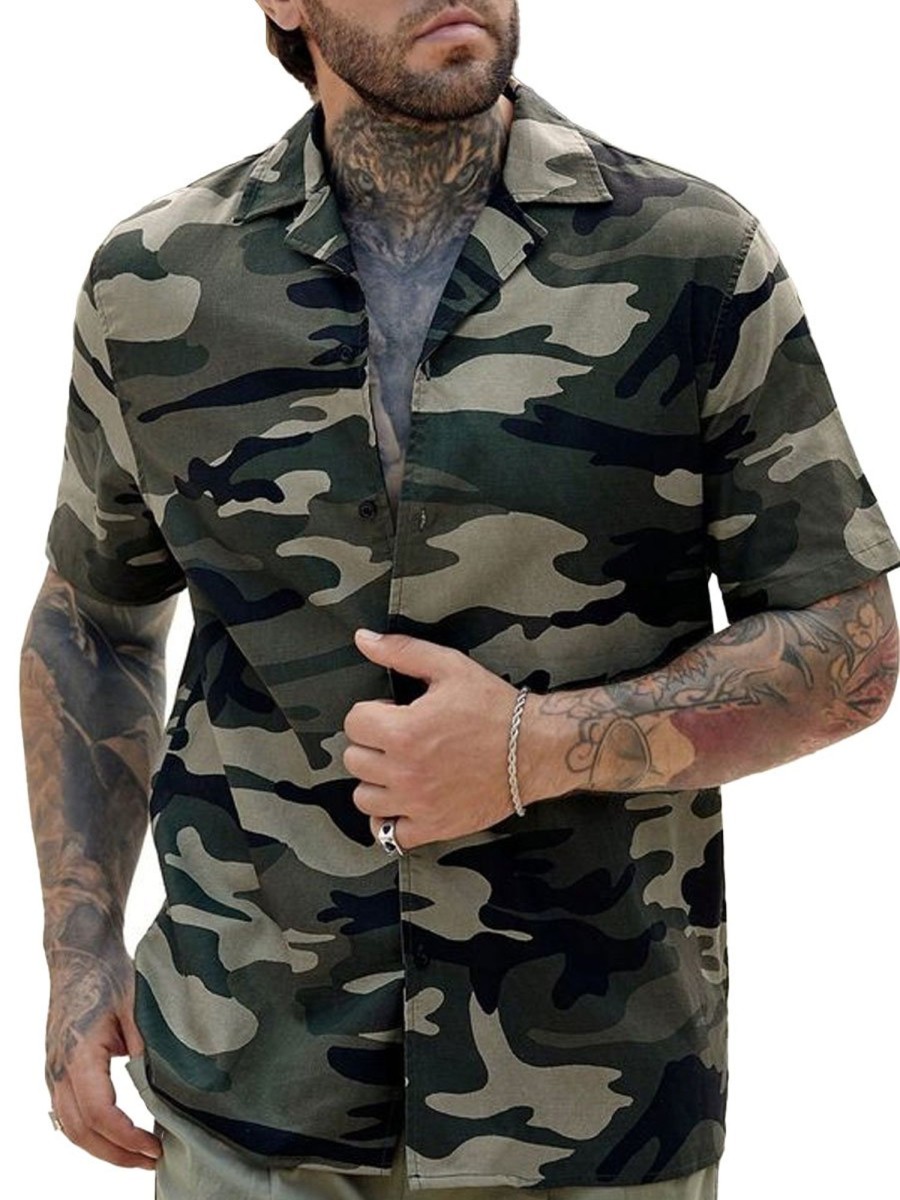 Men BXL Casual Shirts | Men'S Camouflage Casual Loose Short Sleeve Shirt Army Green