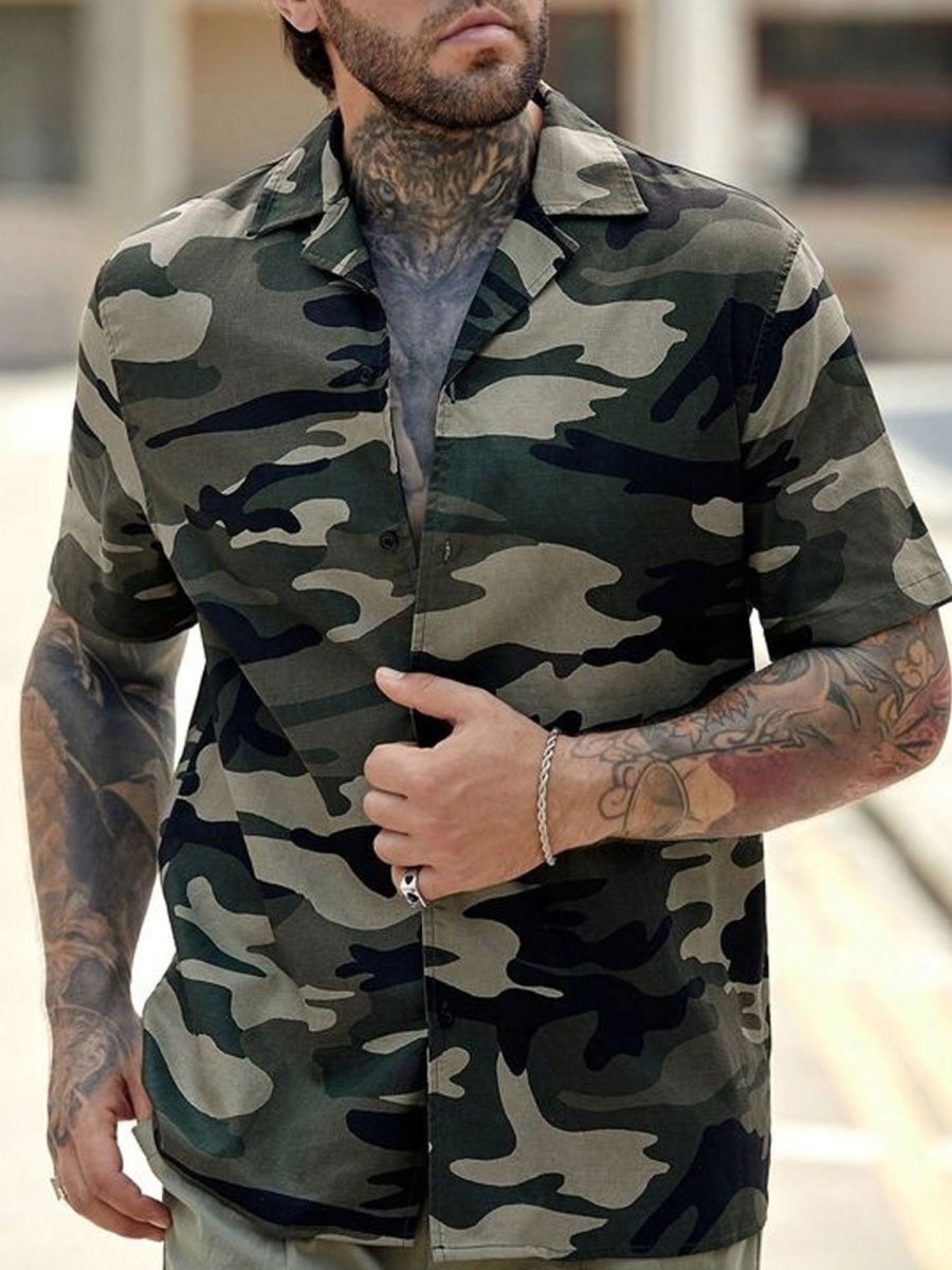 Men BXL Casual Shirts | Men'S Camouflage Casual Loose Short Sleeve Shirt Army Green