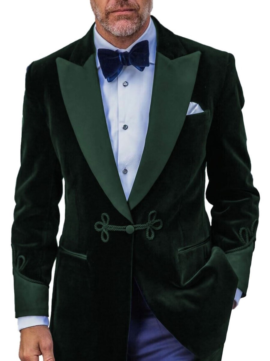 Men BXL Jacket | Men'S Vintage Velvet Patchwork Button Blazer Dark Green