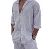 Men BXL Set | Men'S Striped Cotton And Linen Casual Long-Sleeved Shirt Shorts Suit White