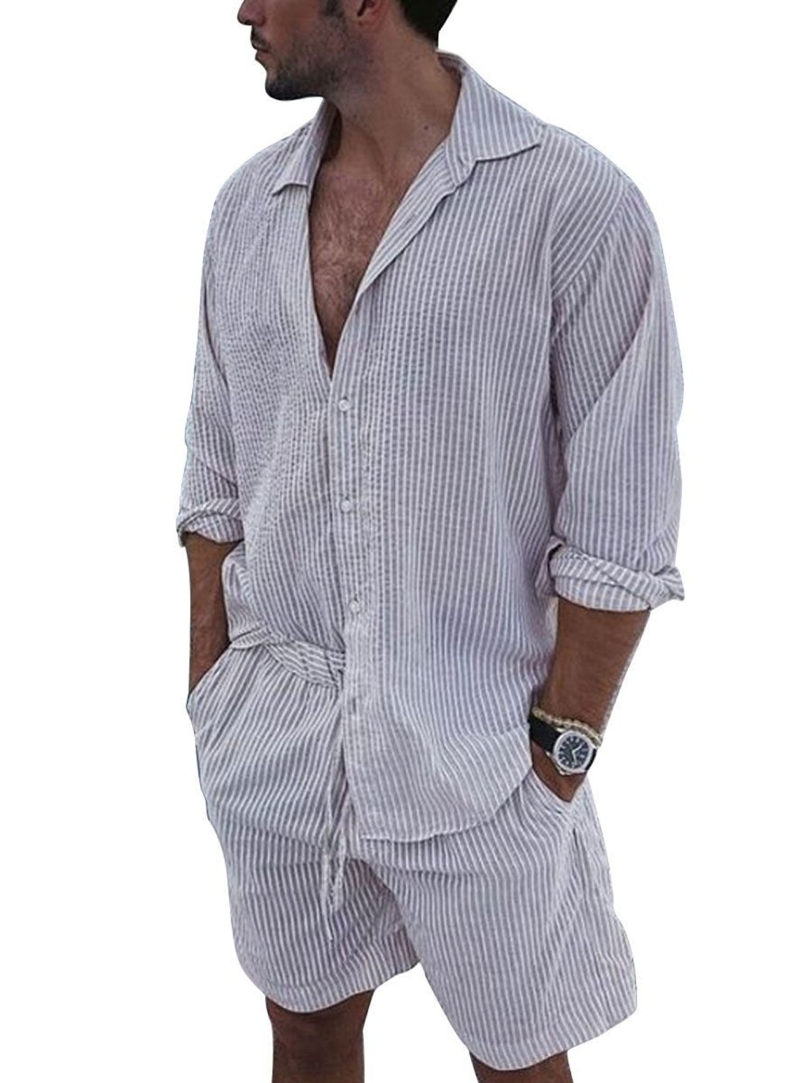 Men BXL Set | Men'S Striped Cotton And Linen Casual Long-Sleeved Shirt Shorts Suit White