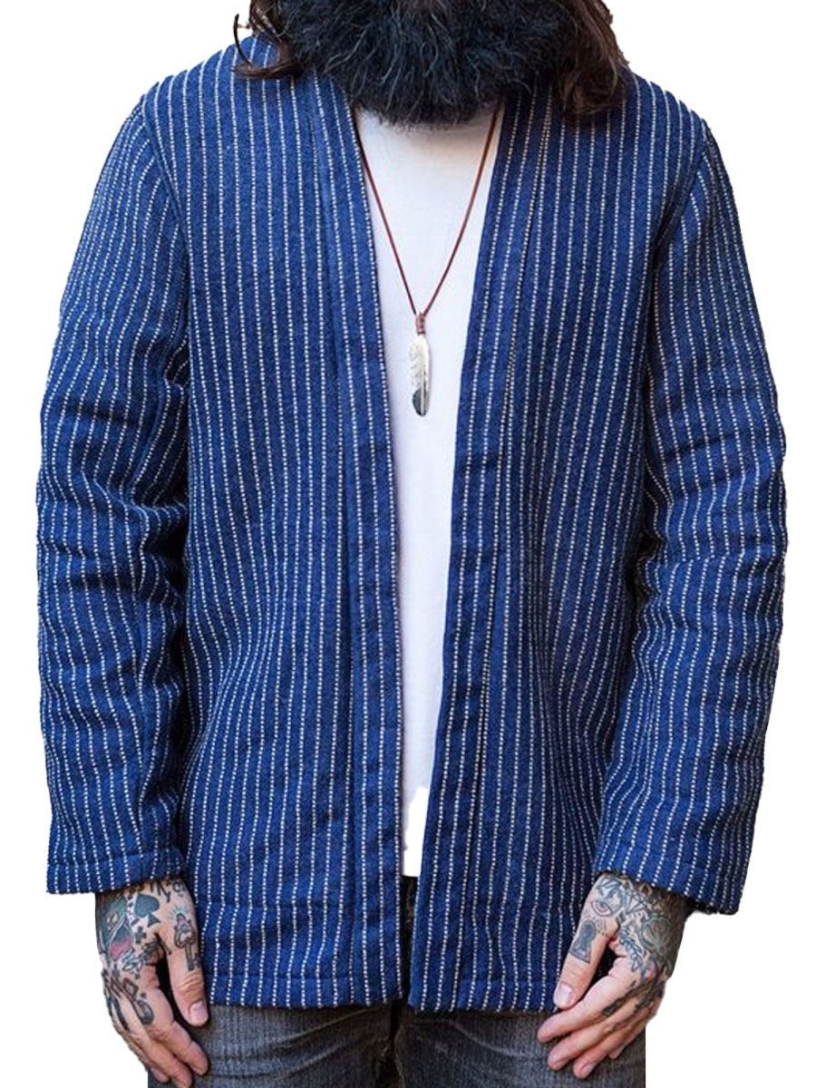 Men DJ Jacket | Vintage Striped Double Pocket Casual Cardigan Jacket Blue